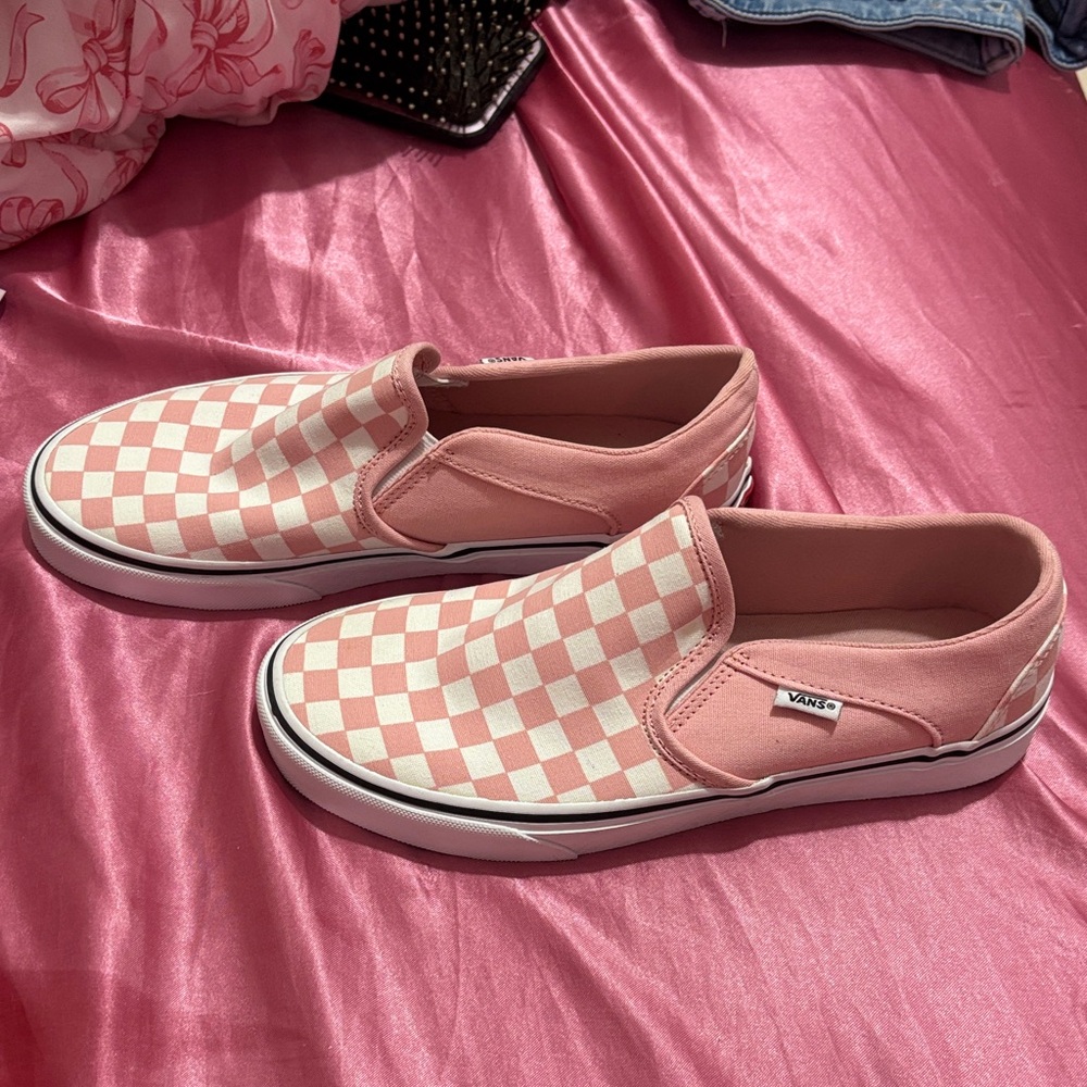 Vans Women's Pink and White Checkered Slip-On Sneakers